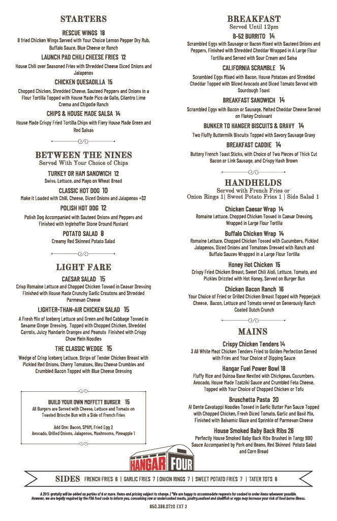HANGAR FOUR GRILL AND BREW Menu